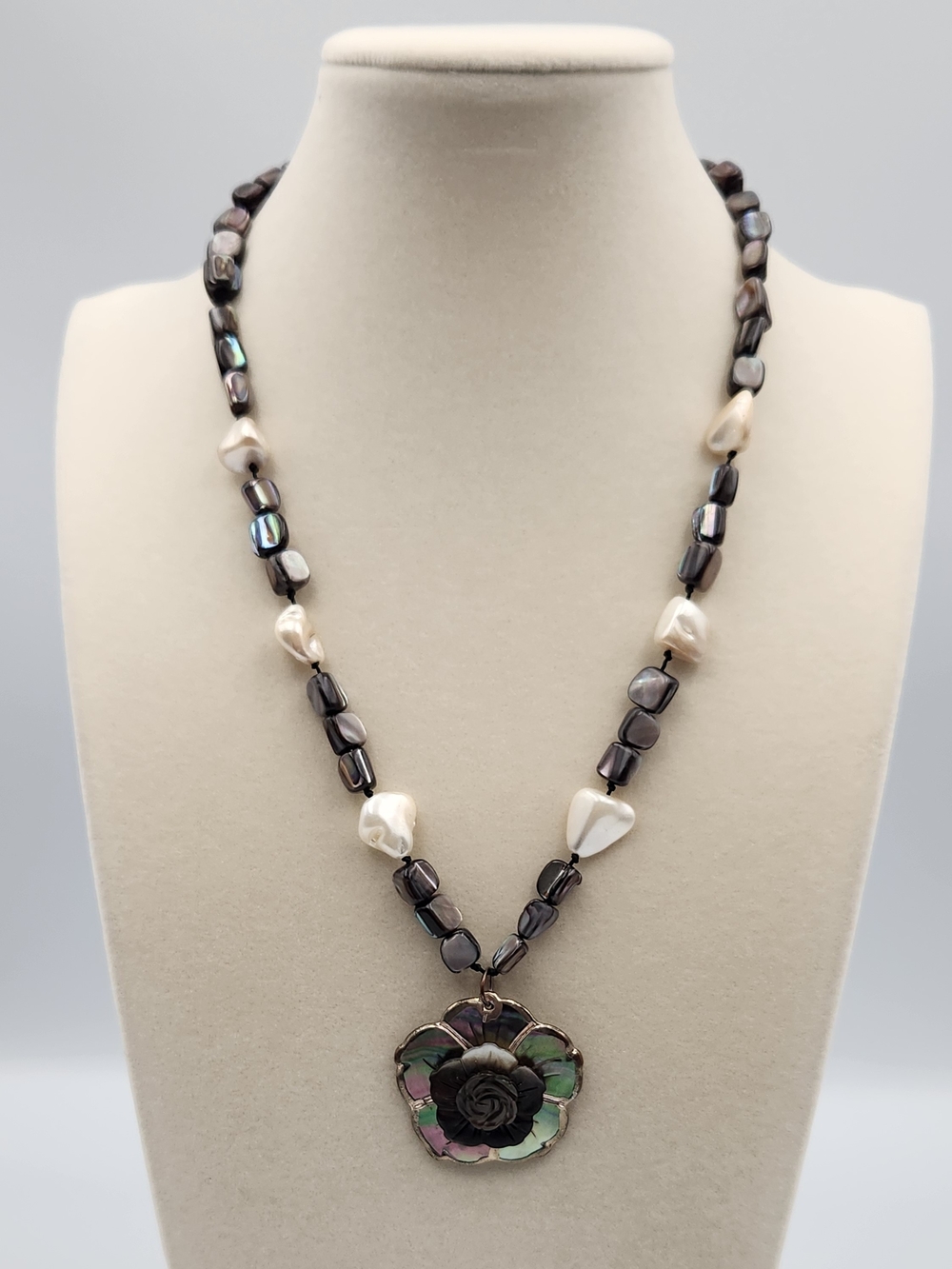 Handcrafted Iridescent Shell Flower Pendant Necklace - White & Black Pearls